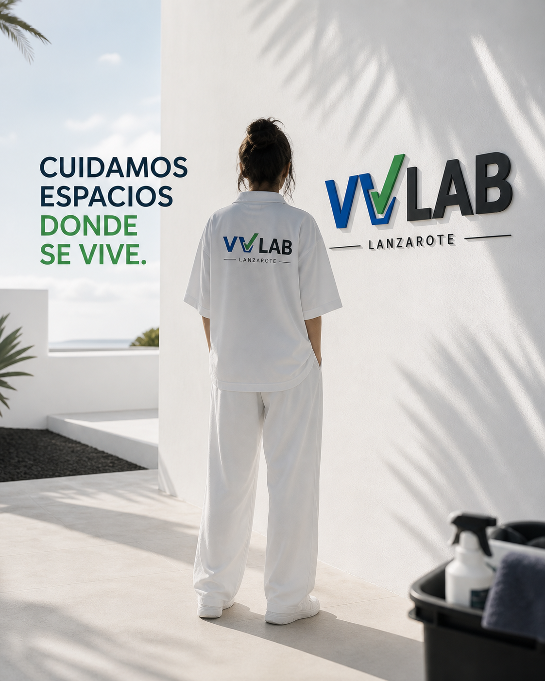 Profesional de VV LAB Lanzarote frente al logotipo de la empresa, vestida con uniforme blanco